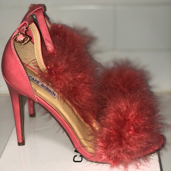 Coral pink/Dark peach Fur single sole heels - Picture 6 of 8